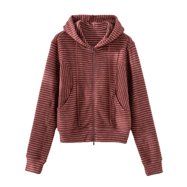 Damen Gestreifte Kapuzen-Zip-Strickjacke mit Eingrifftaschen und schmalem Rippbündchen Echoarchiv