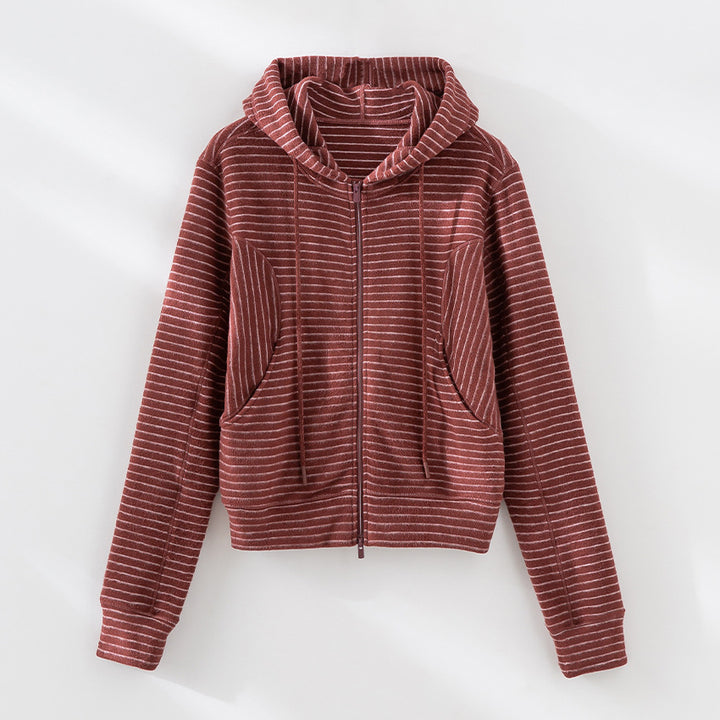 Damen Gestreifte Kapuzen-Zip-Strickjacke mit Eingrifftaschen und schmalem Rippbündchen Echoarchiv