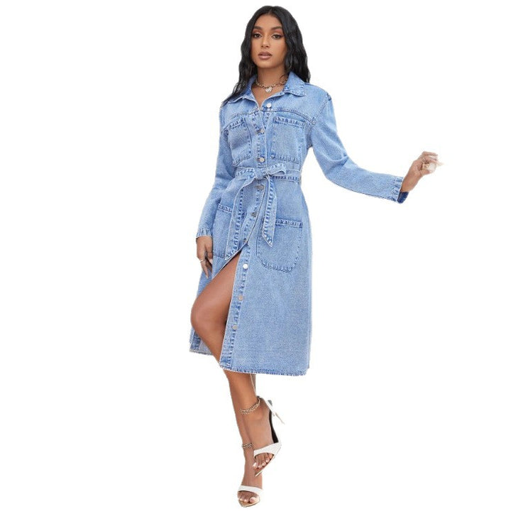 Damen Midikleid aus Denim mit Taillengürtel und durchgehender Knopfleiste Echo Archiv