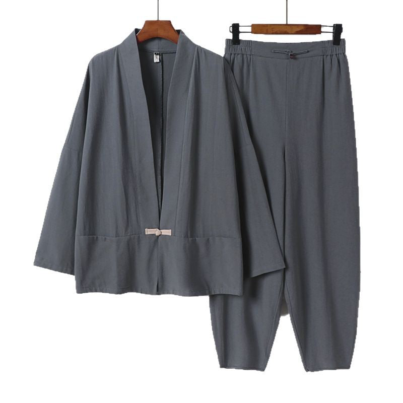 Herren Zen-Relax-Set mit offener Kimono-Jacke, dekorativem Knebelverschluss und tapered Harem-Joggpants Echoarchiv