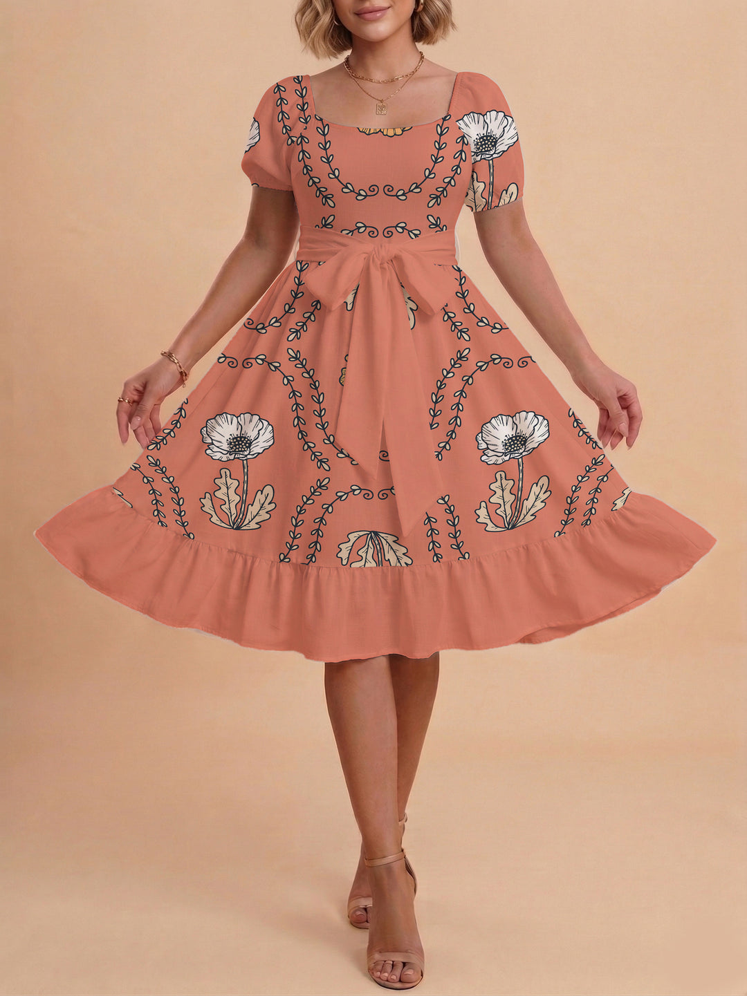 Damen modernes Blumenkleid mit elegantem Taillengürtel und asymmetrischem Saum Echo Archiv