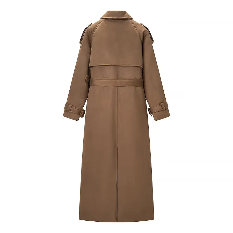 Damen langer Trenchcoat mit doppelt geknöpfter Front, Taillengürtel, Epauletten und Manschettendetail – Montévia