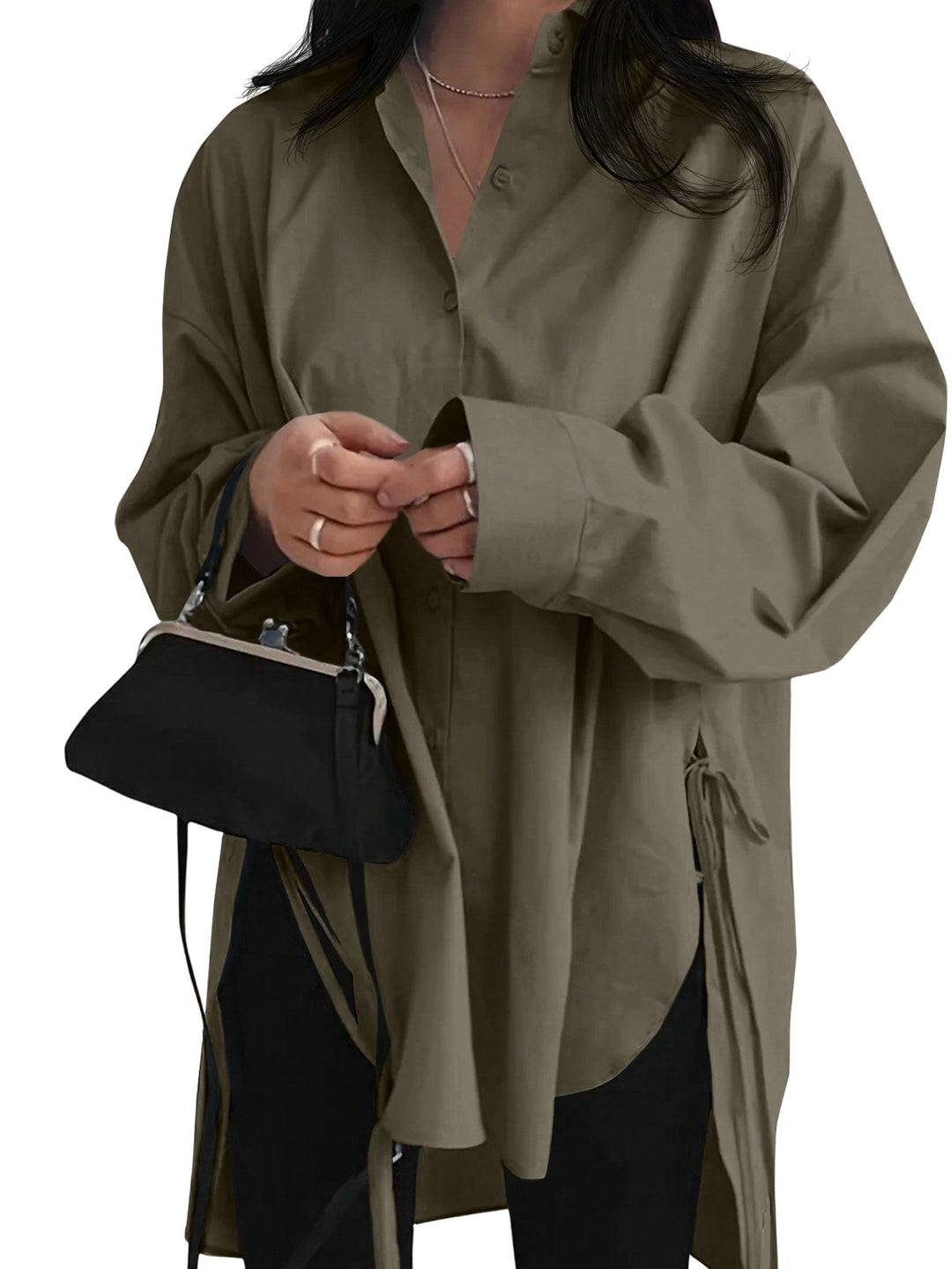 Damen Oversize-Longbluse mit Tunnelzugseiten, extralangen Manschetten und Hemdkragen – Avérine