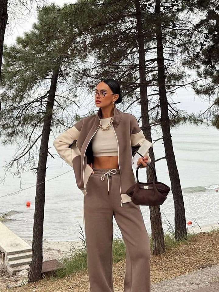 Damen Mehrteiliges Loungewear-Set mit Reißverschlussjacke und weiter Palazzohose – Élanora