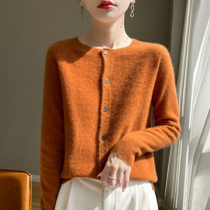 Damen Kurzgeschnittener Feinstrick-Cardigan mit Rundhalsausschnitt und schimmernder Knopfleiste Echoarchiv