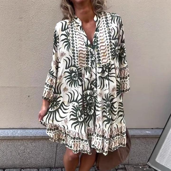 Damen nan locker geschnittenes Boho-Tunikakleid mit V-Ausschnitt geraffter Empire-Naht und Volant-Saum Echo Archiv