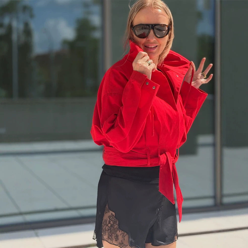 Damen Oversize Kurzjacke mit Taillengürtel und Hemdkragen Echoarchiv