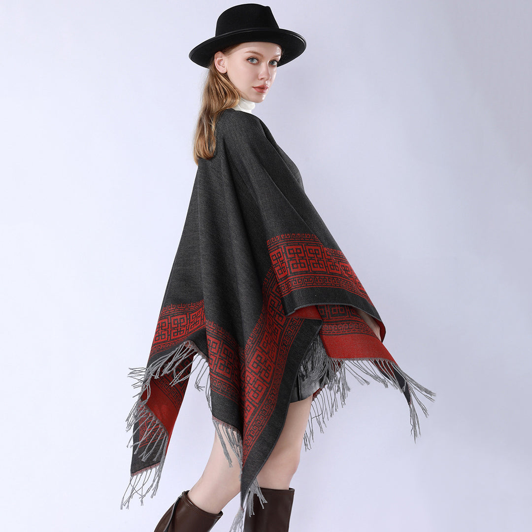 Damen Reversibler Wollmix‑Überwurf im Kimono‑Fall mit ornamentaler Bordüre und Zierfransen – Célinea
