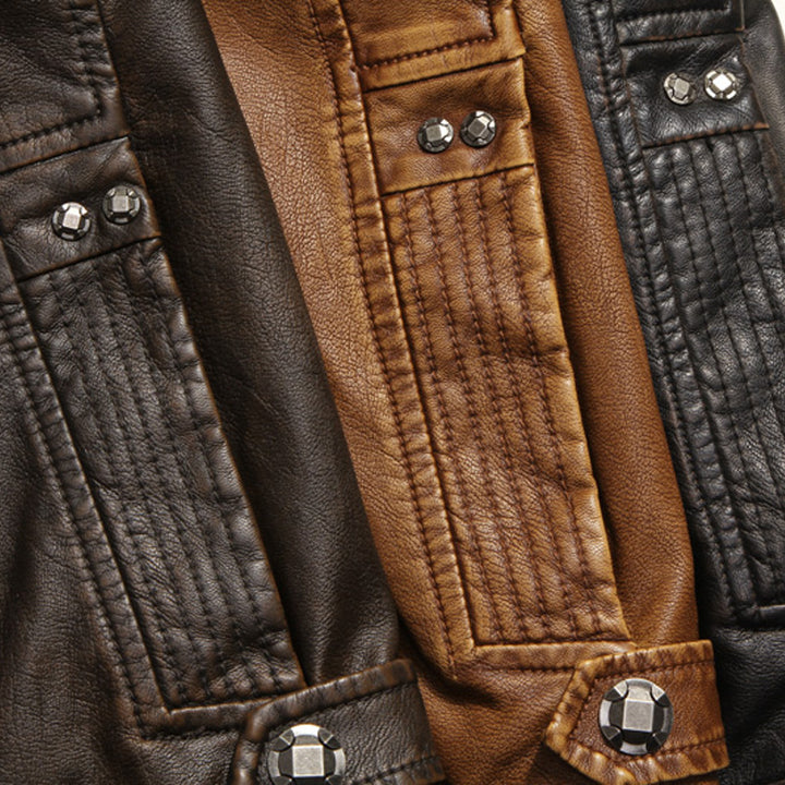 Herren Lederjacke im Bikerstil mit Stehkragen und Ziernähten – Valtoré