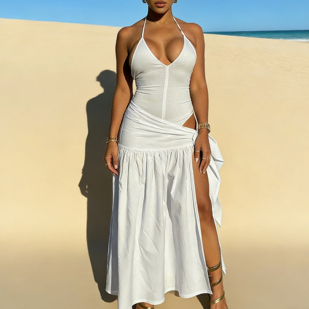 Damen Maxikleid mit knackigem V-Ausschnitt und verspielten Drapierungen Echo Archiv
