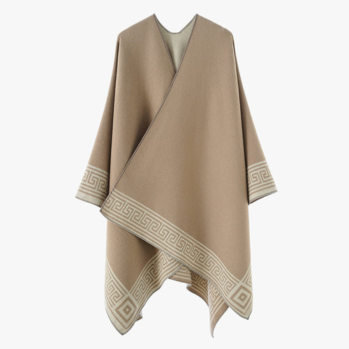 Damen Poncho‑Cape mit griechischer Bordüre, V‑Ausschnitt und kastigem Oversize‑Schnitt – Avérine