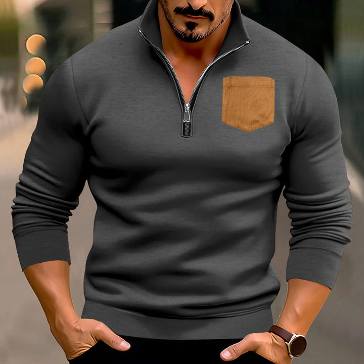 Herren sportlicher Pullover mit halbem Reißverschluss und kontrastierender Brusttasche Echoarchiv