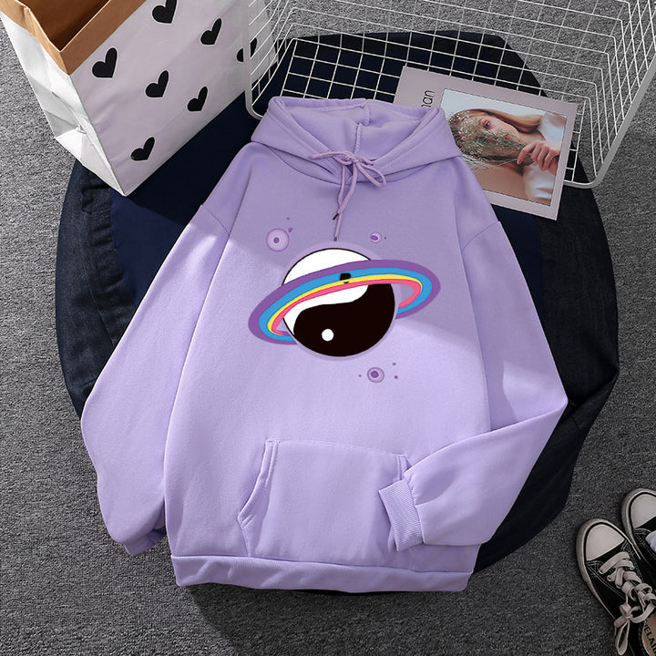 Damen Oversized Kapuzenpullover aus Baumwollmischung mit Planeten-Yin‑Yang-Grafik und Kängurutasche – Auréline