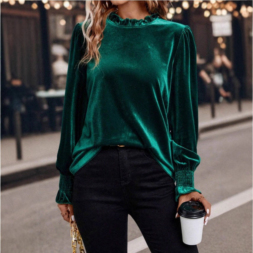 Damen Samtbluse mit Rüschenkragen, Ballonärmeln und Stretch-Smock-Bündchen – Élovi