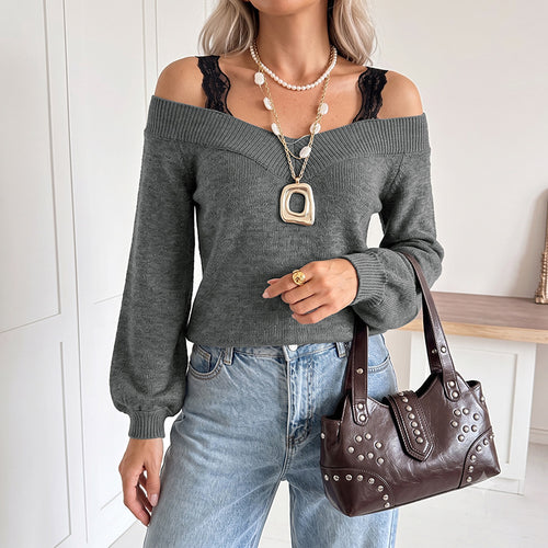 Damen Off-Shoulder Feinstrickpullover mit V-Rippkragen und Ballonärmeln – Mavelle