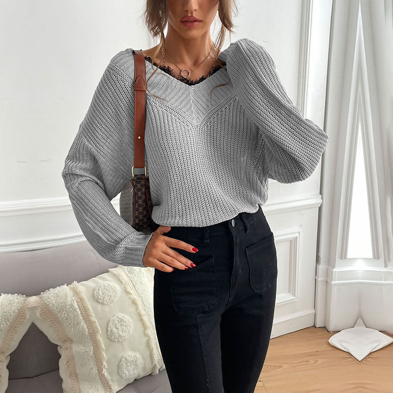Damen Oversize V‑Ausschnitt Feinstrickpullover mit überschnittener Schulter und Rippbündchen Echoarchiv