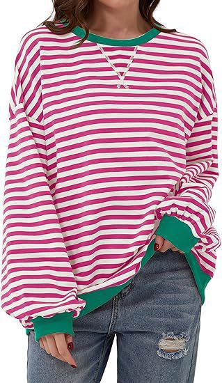 Damen Lässiges Oversize-Streifen-Sweatshirt mit Raglanärmeln und Kontrastbündchen – Mavelle