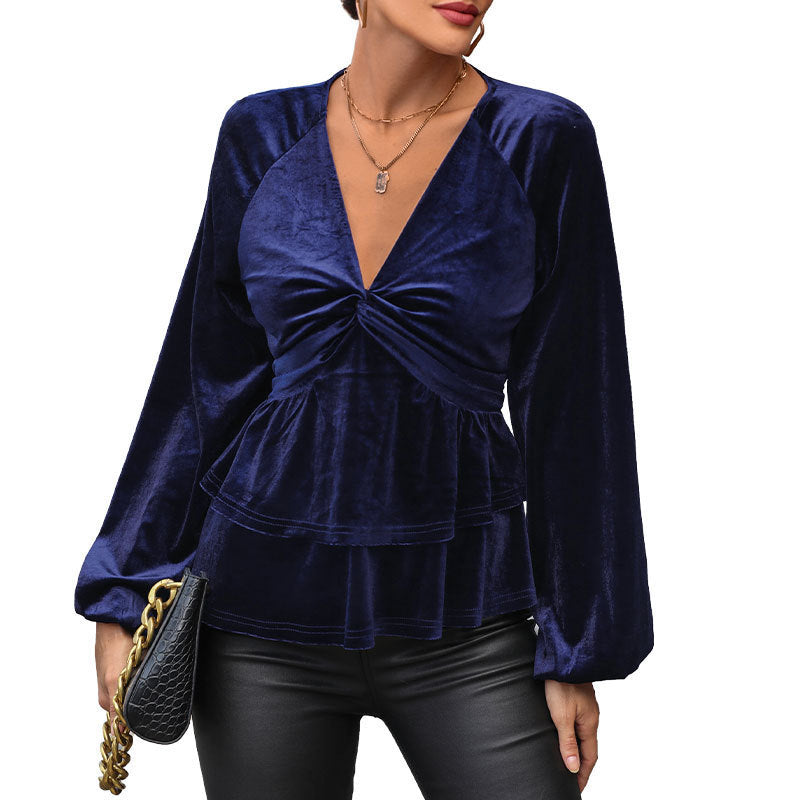 Damen Samtbluse mit tiefem V-Ausschnitt, Twist-Detail und zweistufigem Volant Echoarchiv