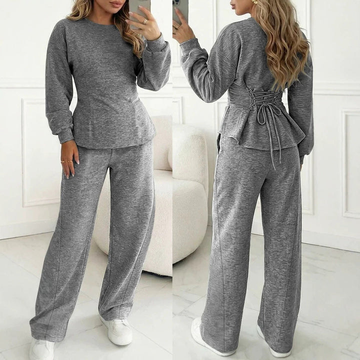 Damen Zweiteiliges Loungewear-Set aus Melange‑Jersey mit weitem Bein und Rundhalsausschnitt – Élanora