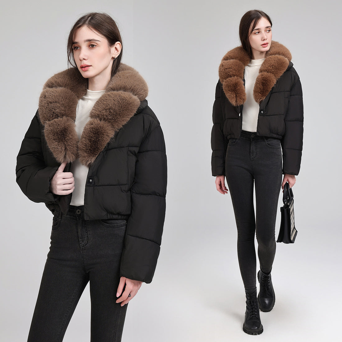Damen Kurze gesteppte Puffer-Bomberjacke mit extra weitem Kunstfellkragen – Avenza