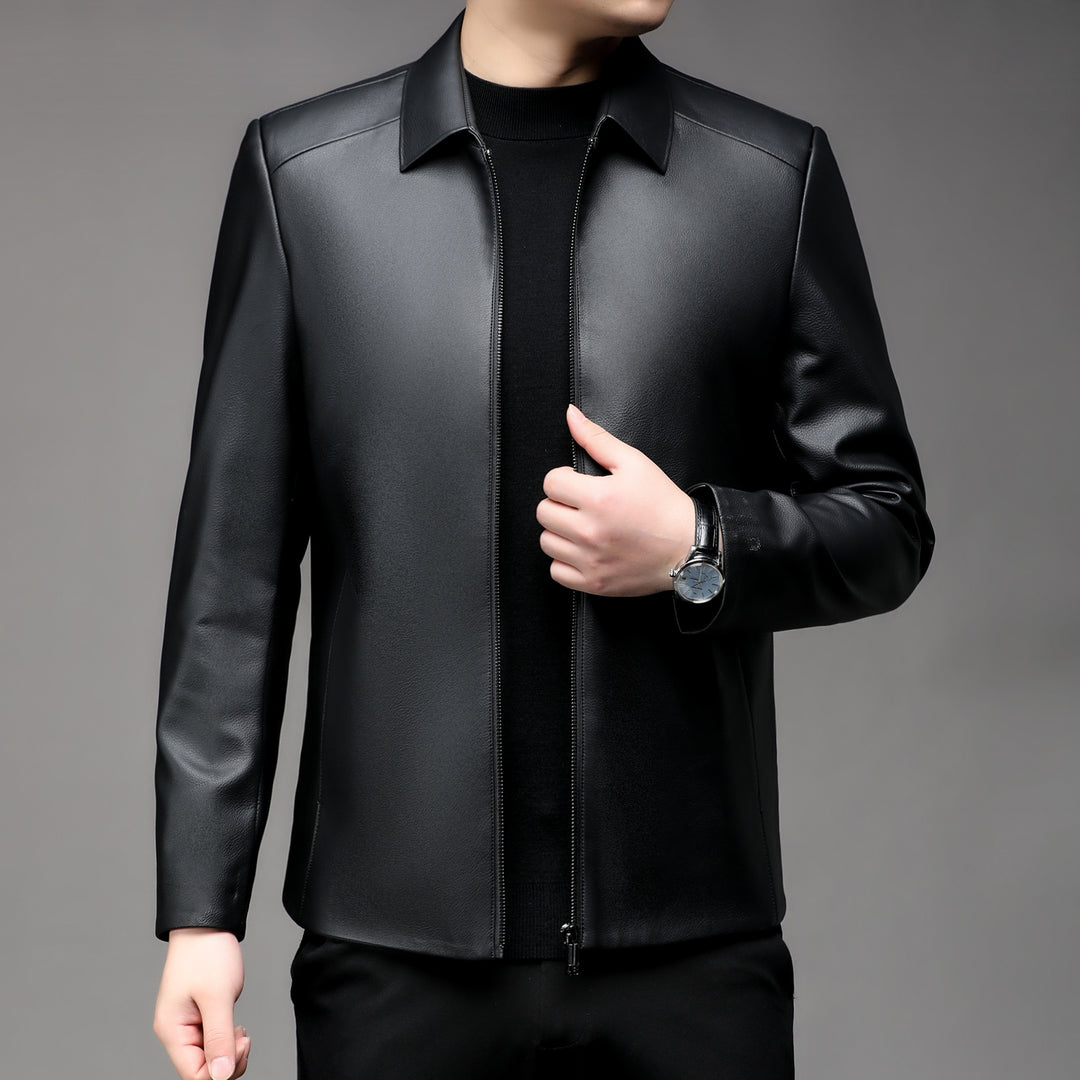 Herren Glatte Kunstleder-Zipjacke mit Hemdkragen und schlanker Silhouette Echoarchiv