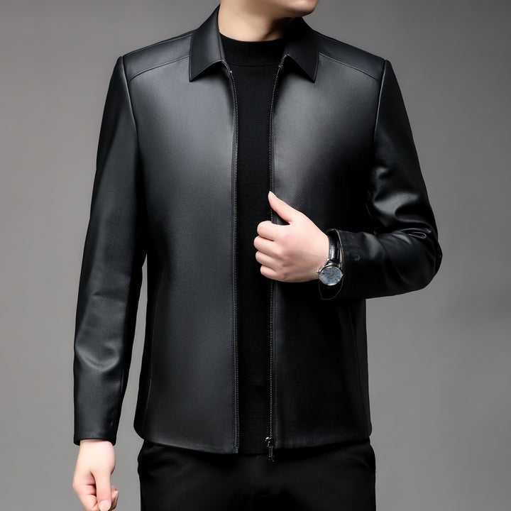 Herren Glatte Kunstleder-Zipjacke mit Hemdkragen und schlanker Silhouette Echoarchiv