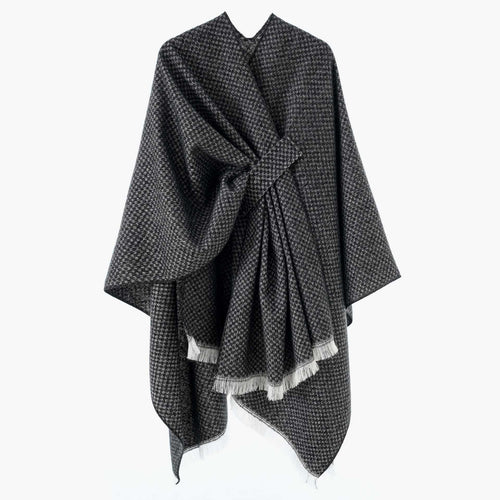Damen Umlegbarer Wollmix-Poncho mit Hahnentritt-Jacquard und Bindegürtel Echo Archiv
