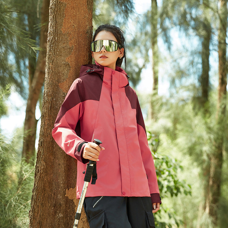 Damen Wasserfeste Outdoorjacke mit Kapuze und markantem Bergprint Echoarchiv