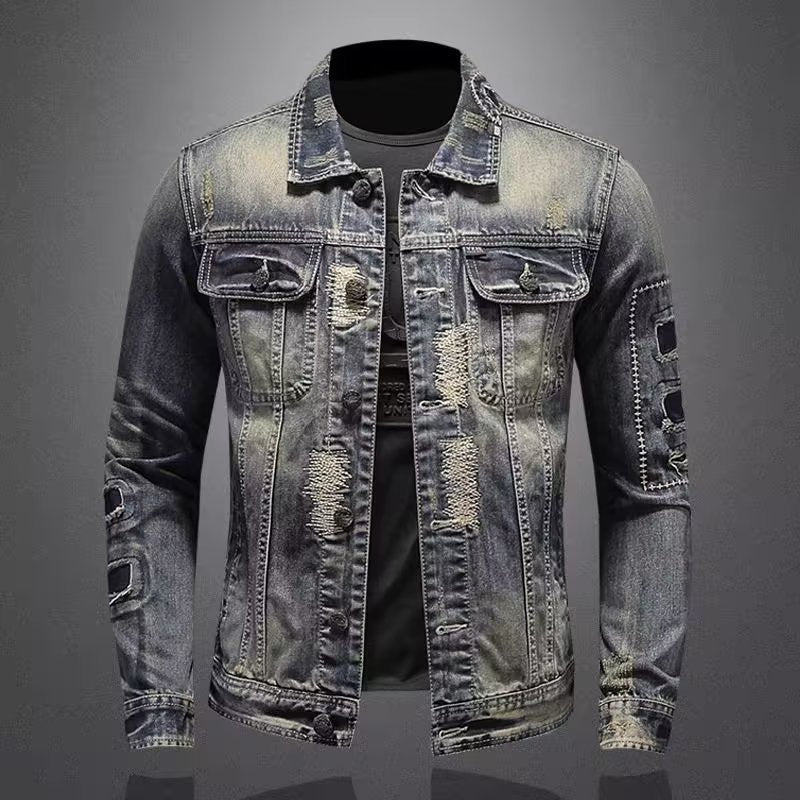 Herren Vintage-Jeansjacke mit Used-Effekten, Destroyed-Details und aufgesetzten Brusttaschen Echoarchiv
