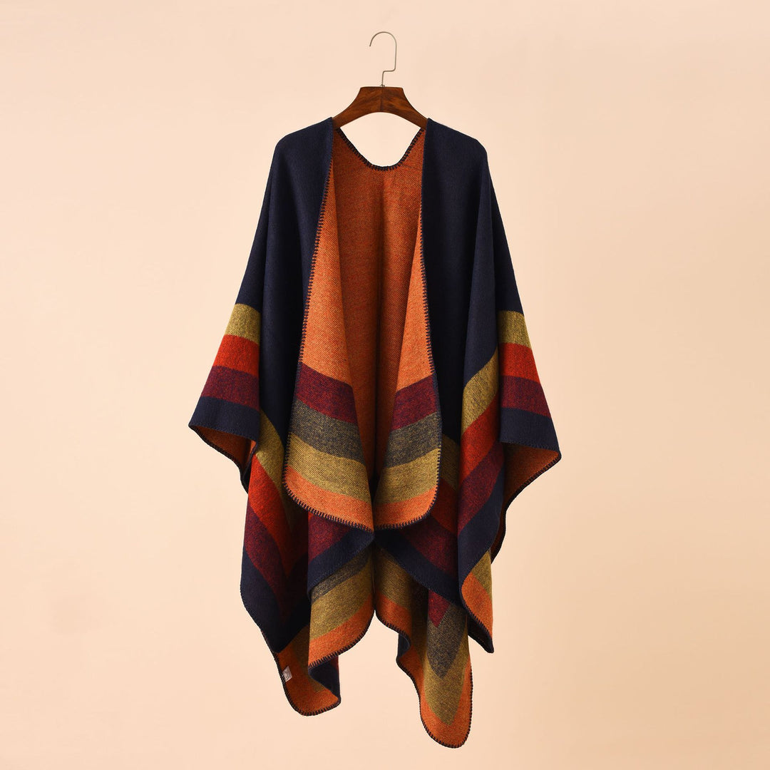 Damen Offener Strick‑Cape‑Poncho mit kontrastierenden Blockstreifen und Zierstich – Avérine
