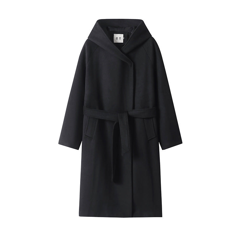 Damen Maxi-Mantel mit überzogener Kapuze, Bindegürtel und minimalistischer Wollmix‑Silhouette Echoarchiv