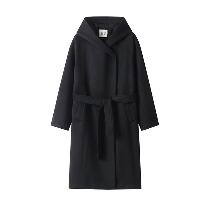 Damen Maxi-Mantel mit überzogener Kapuze, Bindegürtel und minimalistischer Wollmix‑Silhouette Echoarchiv