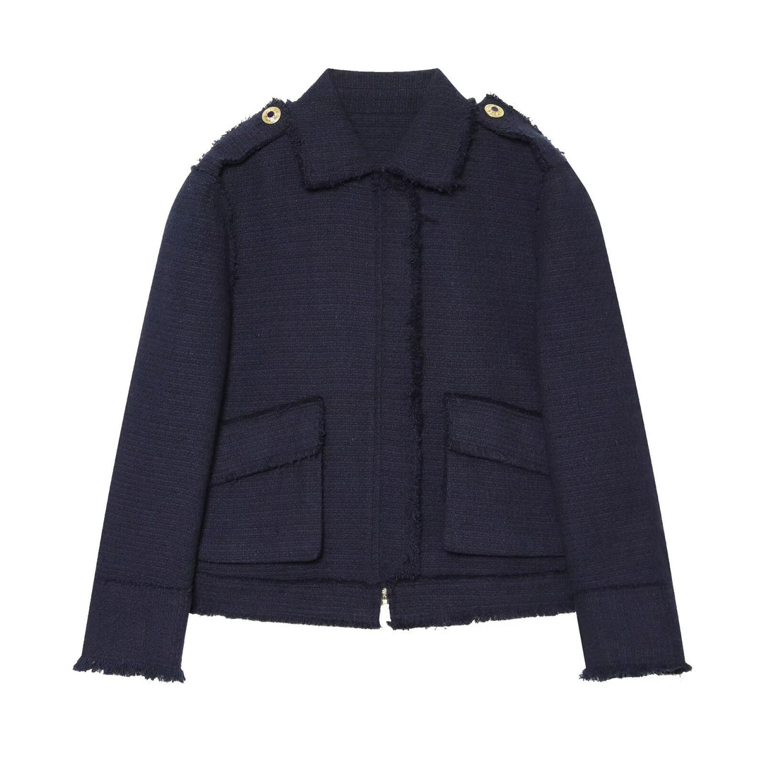 Damen Bouclé‑Tweed Kurzjacke mit Fransenbesatz, Schulterpatten und aufgesetzten Taschen Echo Archiv