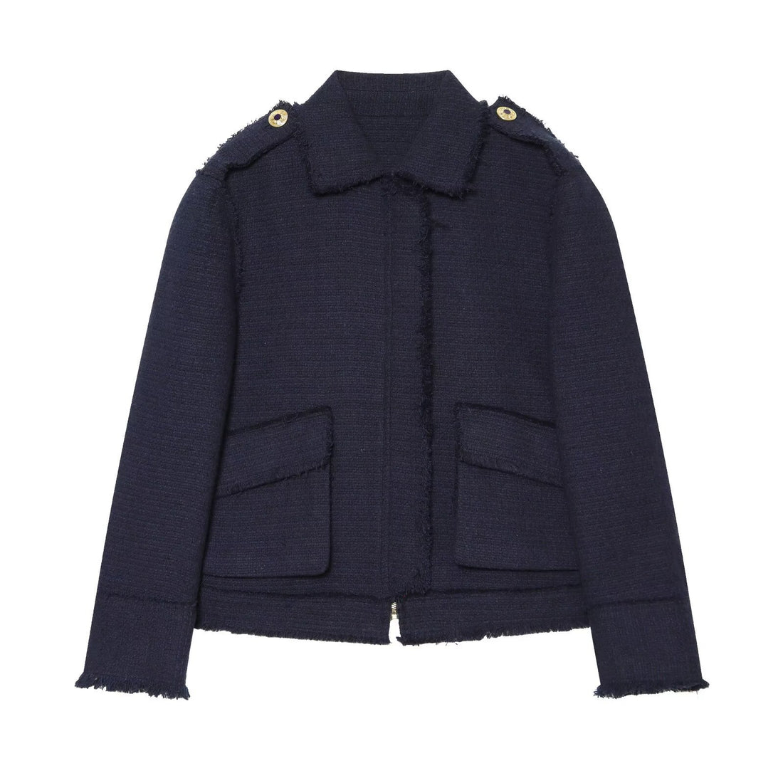 Damen Bouclé‑Tweed Kurzjacke mit Fransenbesatz, Schulterpatten und aufgesetzten Taschen Echo Archiv