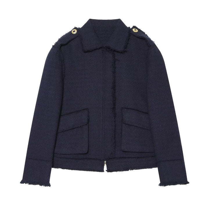 Damen Bouclé‑Tweed Kurzjacke mit Fransenbesatz, Schulterpatten und aufgesetzten Taschen Echo Archiv