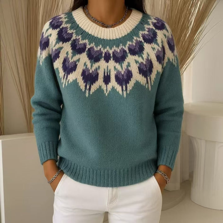 Damen nan gemusterter Norwegerstrickpullover mit weitem Rundhalsausschnitt und lässigem Oversize-Schnitt Echo Archiv