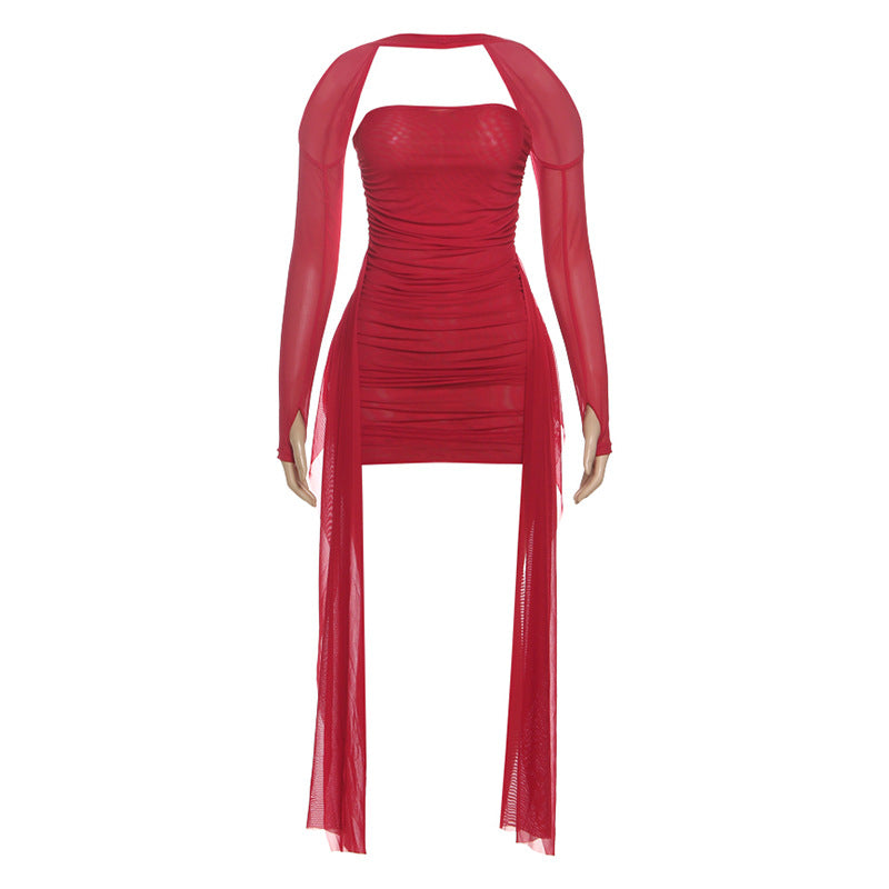 Damen Elegantes Minikleid mit raffinierten Rüschen und transparenten Ärmeln Echo Archiv