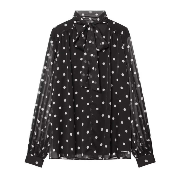 Damen Chiffonbluse mit Polka-Dot, Schleifenbindekragen und transparenten Ballonärmeln Echo Archiv