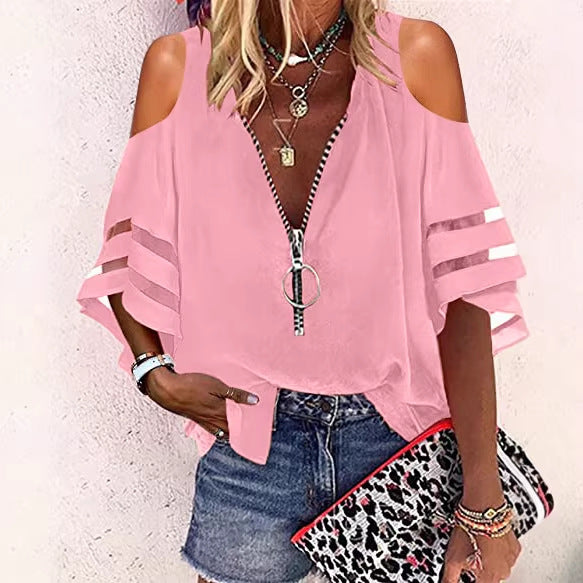 Damen V‑Ausschnitt Bluse mit dekorativem Ringreißverschluss und Cut-Out-Ärmeln Echo Archiv