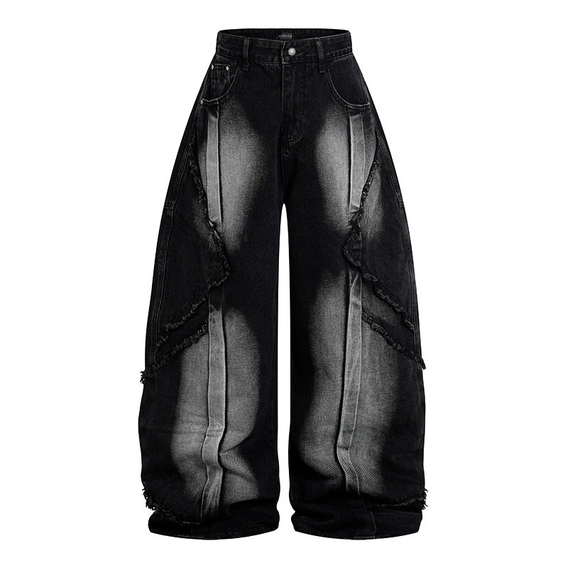 Damen Hochtaillierte weite Baggy-Jeans mit ausgefransten Lagenpanelen und Used-Look Echoarchiv