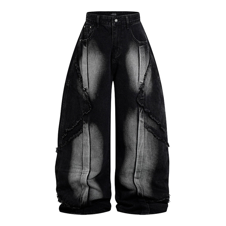 Damen Hochtaillierte weite Baggy-Jeans mit ausgefransten Lagenpanelen und Used-Look Echoarchiv