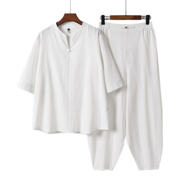 Herren Zweiteiliges Leichtes Leinen-Baumwoll-Set mit Mandarin-Kragen und elastischer Bundhose Echoarchiv