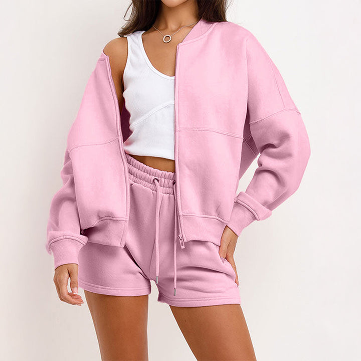 Damen nan zweiteiliges Sweat-Set mit oversized Reißverschluss-Jacke und elastischer Highwaist-Shorts Echo Archiv