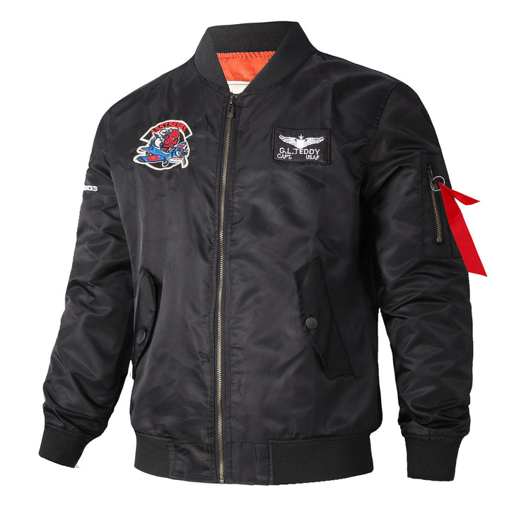 Men's retro pilot-inspired flight jacket with embroidered crest, sleeve zipper utility pocket and contrast quilted lining – Brevano