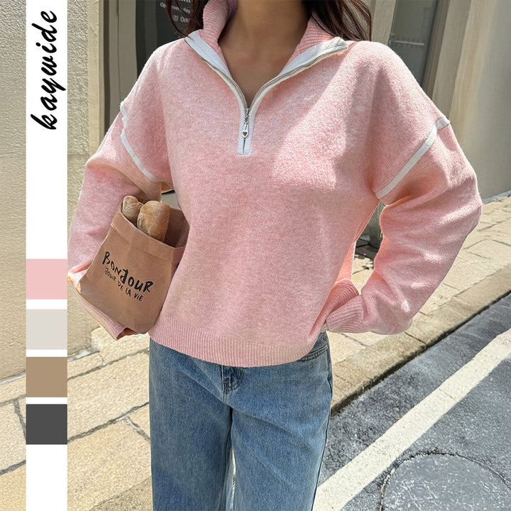 Damen oversized Strickpullover mit halbem Reißverschluss, Kontrastpaspeln und überschnittener Schulter – Mavelle