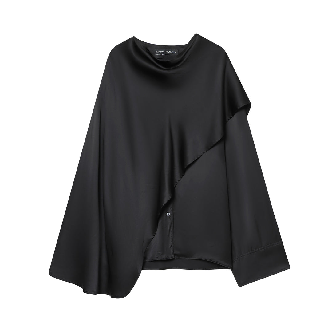 Damen nan asymmetrische Satin-Bluse mit Cascading-Volant und Rundhals Echo Archiv