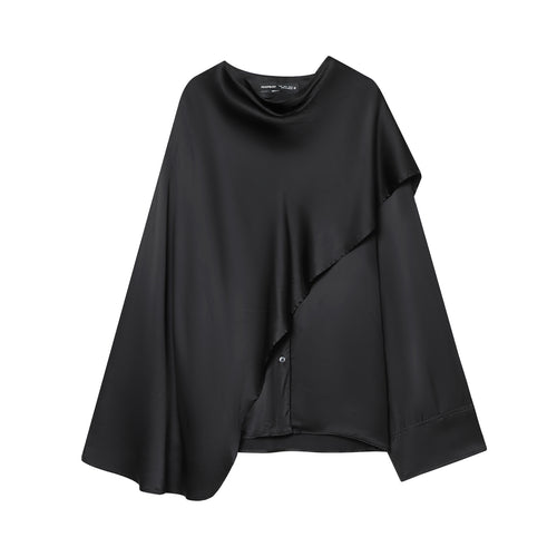 Damen nan asymmetrische Satin-Bluse mit Cascading-Volant und Rundhals Echo Archiv