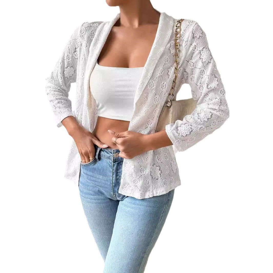 Damen nan transparenter Spitzenblazer mit Schalkragen und dreiviertellangen Ärmeln Echo Archiv