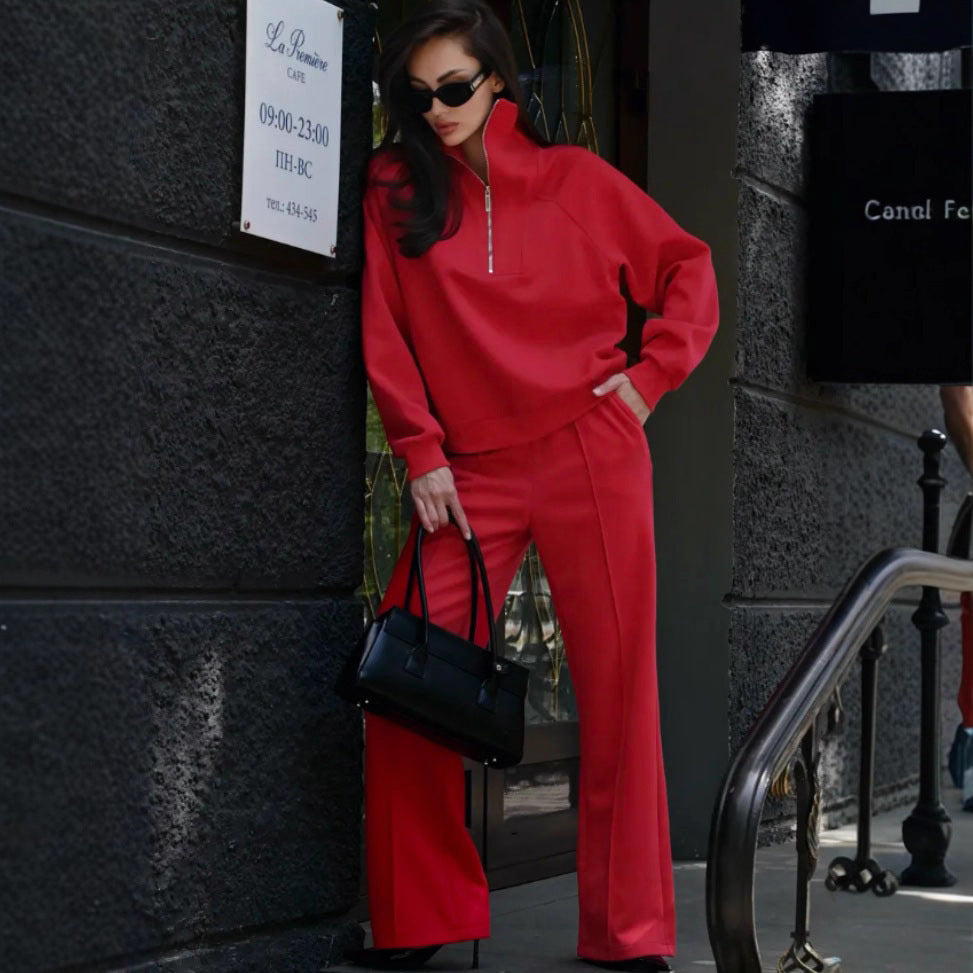 Damen Oversize-Halbreißverschluss-Sweatshirt mit weit geschnittener hochgeschnittener Palazzo-Hose – Élanora