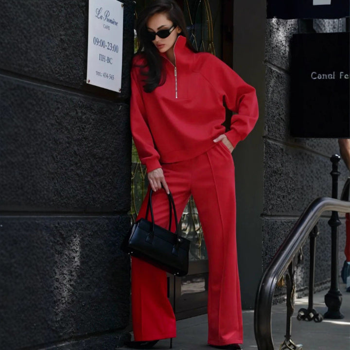 Damen Oversize-Halbreißverschluss-Sweatshirt mit weit geschnittener hochgeschnittener Palazzo-Hose – Élanora